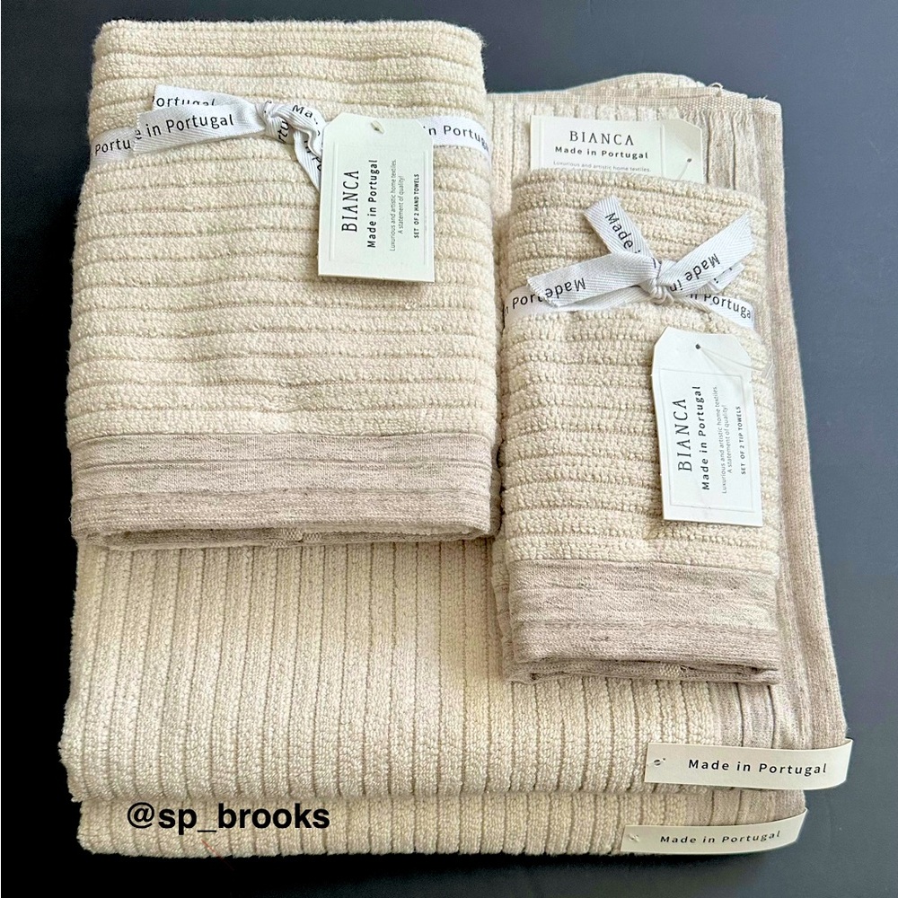 🎁BIANCA Bath Towel Set - Dark Oatmeal with Taupe Wide Ridged Woven Border - 6PC